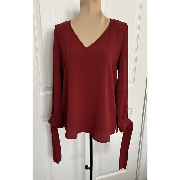CeCe V-Neck Tie Cuff Detailed Crepe Blouse Womens Relaxed Fit Clare Red Sz XS - Picture 1 of 9